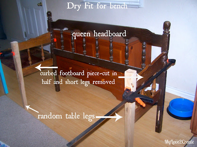 How to build a beautiful Headboard bench with different repurposed parts, full picture tutorial at MyLove2Create