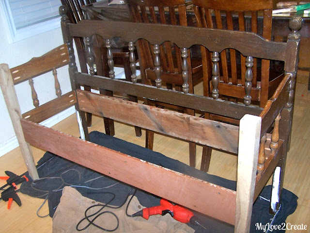 How to build a beautiful Headboard bench with different repurposed parts, full picture tutorial at MyLove2Create