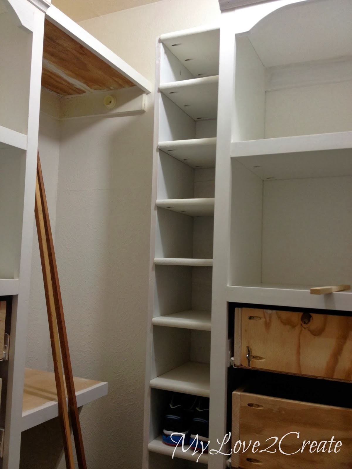 Shoe Shelf, bench and floating shelves, Master Closet Makeover