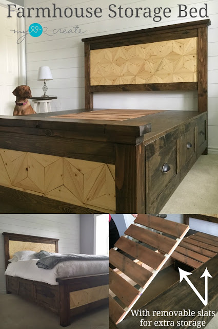 Build your own farmhouse bed complete with Geometric design inlay and removable slats for extra storage!