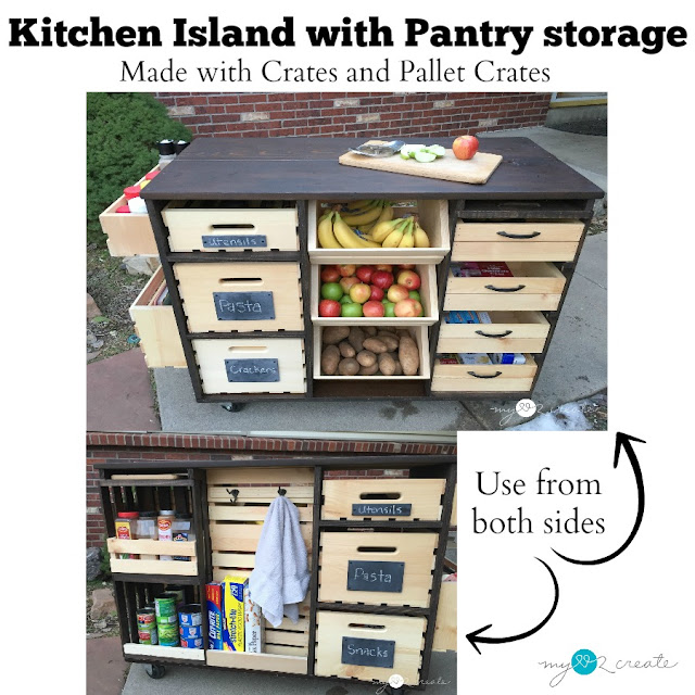 Build an awesome Kitchen Island with pantry storage with crates and pallet crates!  Free Plans at MyLove2Create