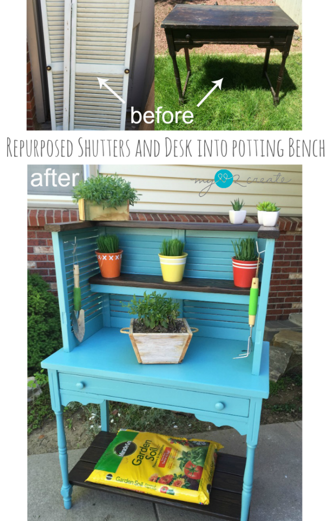 Potting Bench from Repurposed Shutters and desk