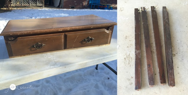 using a dresser top and old table legs to make a mudroom storage bench