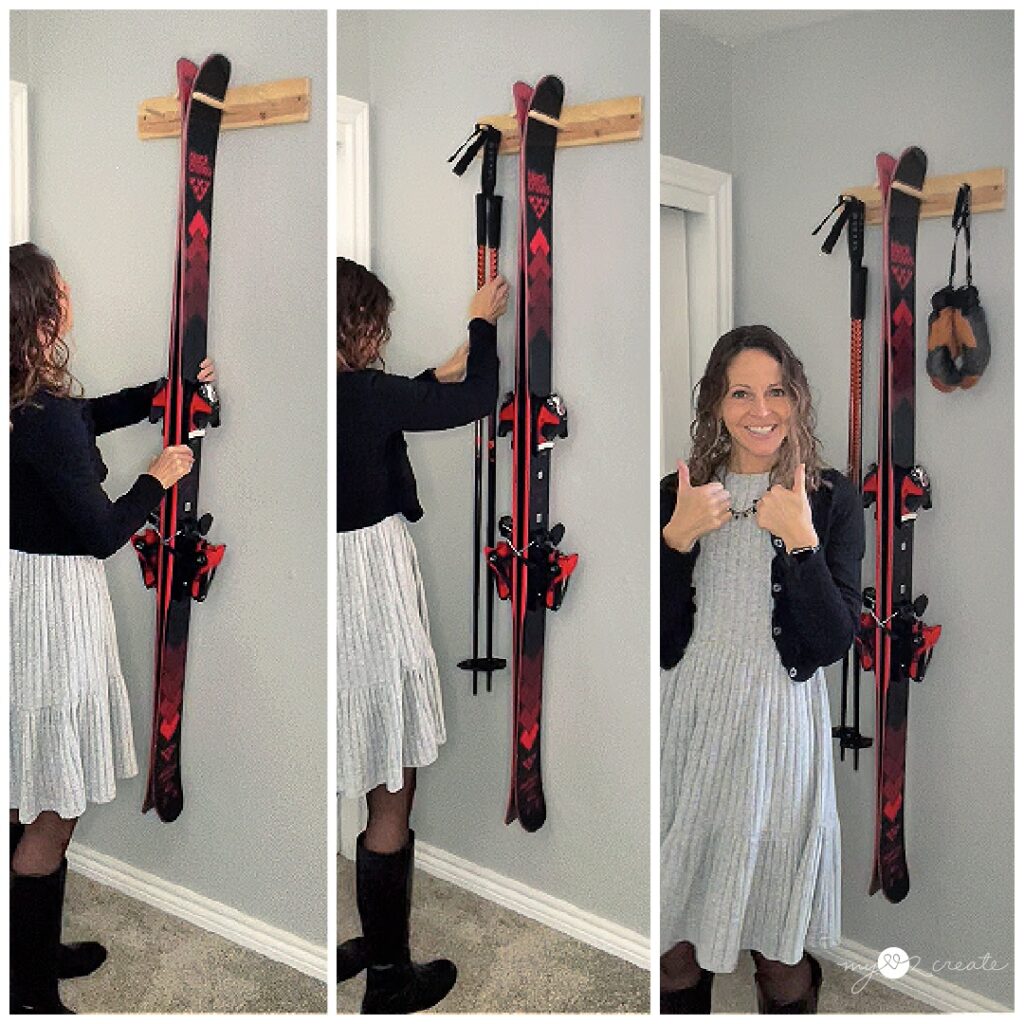 hanging skis and accessories on custom ski rack