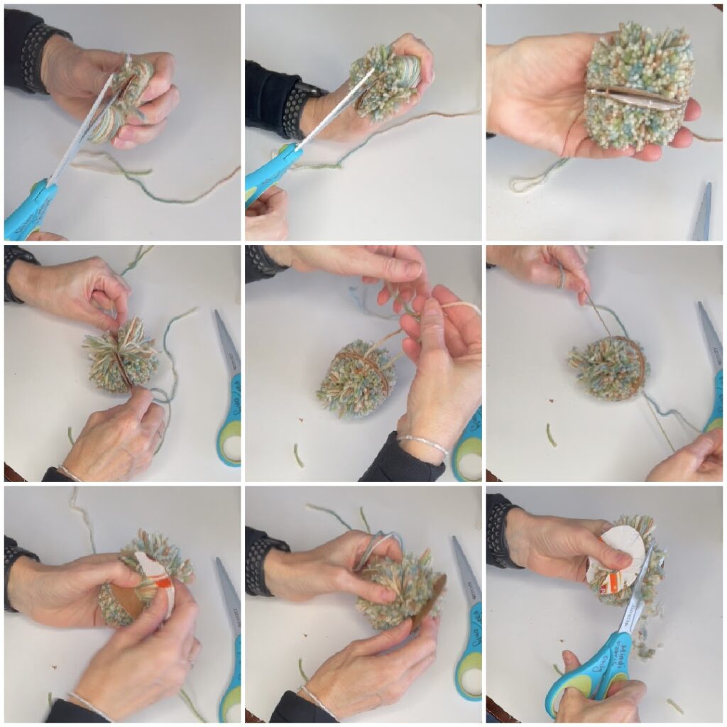 A step-by-step collage demonstrating the process of finishing a DIY pom-pom made from yarn and a cardboard template. The images show cutting, tying, and trimming the yarn to shape the final pom-pom.