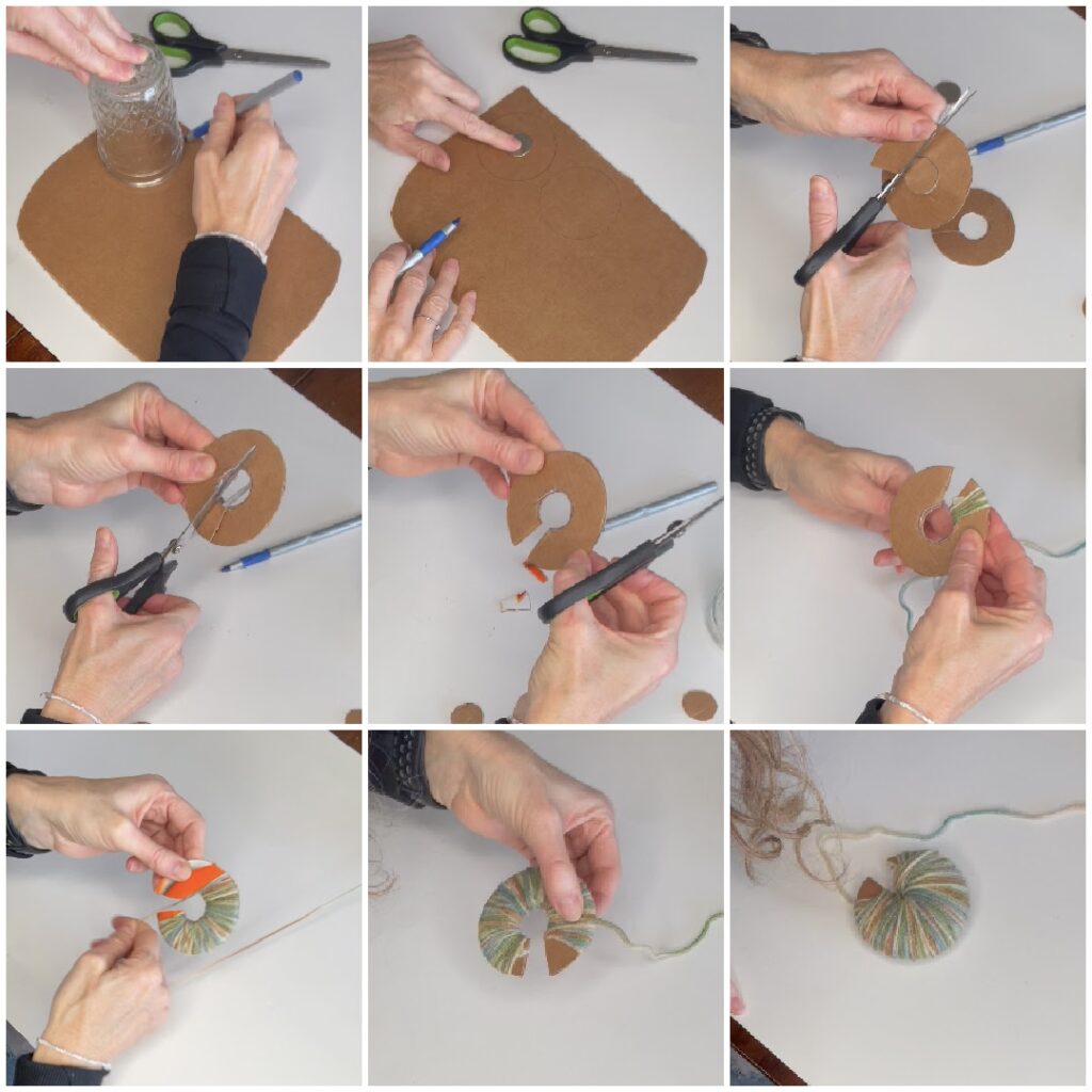 A step-by-step collage showing how to make a pom-pom using cardboard, scissors, and yarn. The process involves tracing and cutting cardboard rings, wrapping yarn around them, and cutting through the layers to form a fluffy pom-pom.