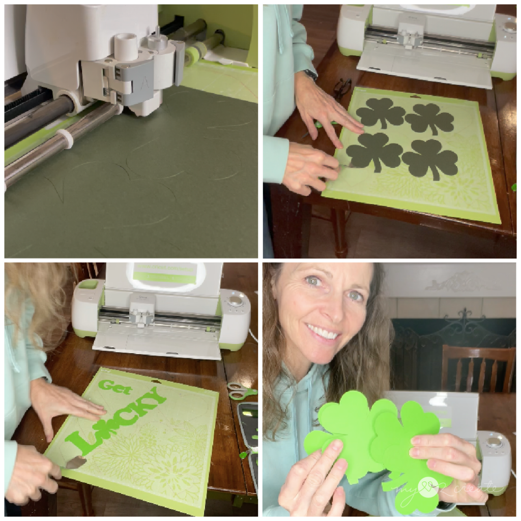 cutting shamrocks and words on a cricut cutting machine for garland