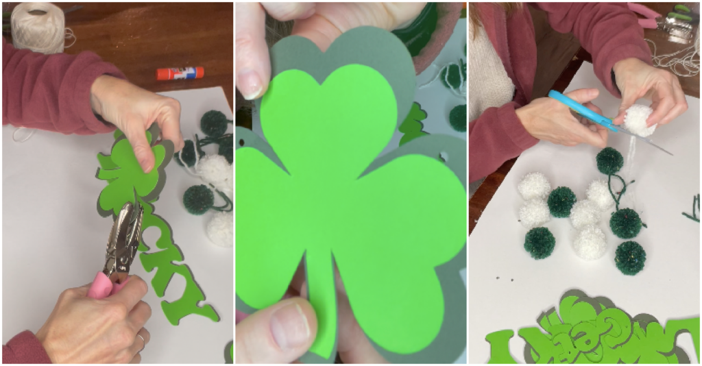 A three-step crafting process featuring hole punching a green shamrock cutout, a close-up of a layered shamrock, and trimming white and green yarn pom-poms.