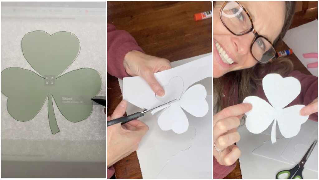 A three-step process of tracing, cutting, and showcasing a shamrock template for crafting.