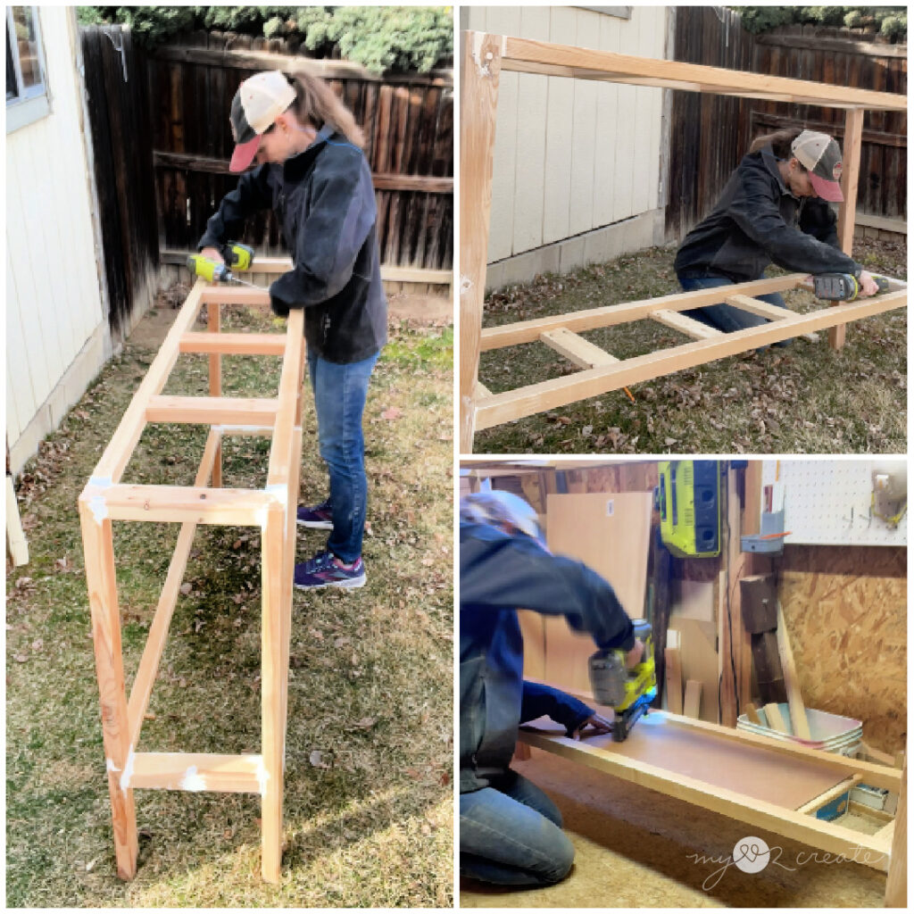 Collage of three images showing a woman building a wooden table frame outdoors and in a workshop, using a drill and a Ryobi nail gun.