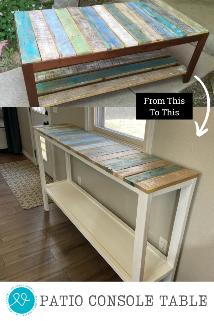 Before and after transformation of a repurposed pallet wood coffee table into a tall patio console table with a white frame and lower shelf.