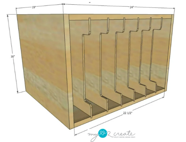 A 3D-rendered design of a wooden storage cabinet with vertical dividers, measuring 24 inches wide, 19 inches deep, and 16 inches high. The dividers create multiple slots for organization, and the design includes notches at the top of each divider.