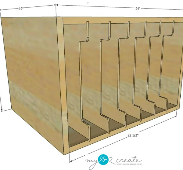 A 3D-rendered design of a wooden storage cabinet with vertical dividers, measuring 24 inches wide, 19 inches deep, and 16 inches high. The dividers create multiple slots for organization, and the design includes notches at the top of each divider.