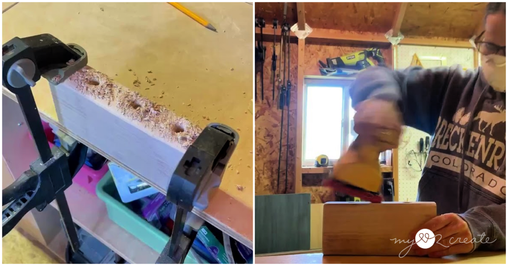 Close-up of a piece of wood clamped to a workbench with three drilled holes and wood shavings. Right: Person sanding a wooden block with a power sander inside a workshop.
