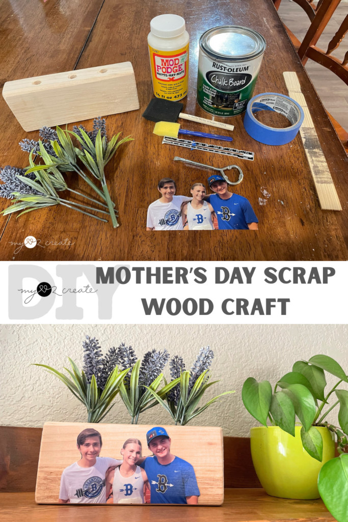 Wooden block with artificial lavender stems and a chalkboard front displaying "I Love U!" in chalk. Bottom: Similar wooden block with lavender stems and a printed photo of three smiling kids attached to the front.