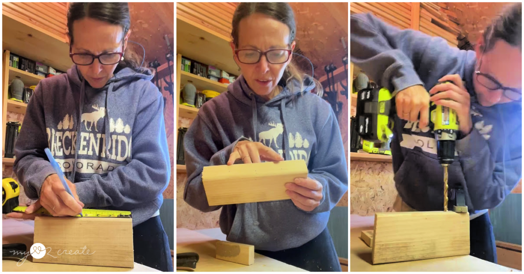 Woman displaying a small sanded wood block; woman marking measurement lines on the block; woman drilling into the top of the block while it's clamped to a table.