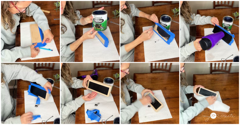 Step-by-step DIY process of applying chalkboard paint to a wooden block using painter’s tape, brush, and hair dryer.